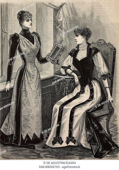 Women wearing a bengaline-velours dress and a crepe de Chine-velours dress, creations by Madame Gradoz, engraving from La Mode Illustree, n 6, February 7, 1892
