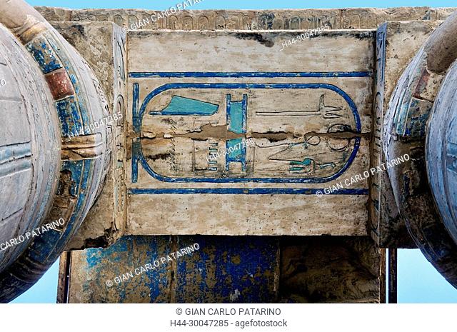Medinet Habu, Luxor, Egypt, Djamet, mortuary temple of King Ramses III, XX dyn. 1185 -1078 B.C: colorful royal cartouche