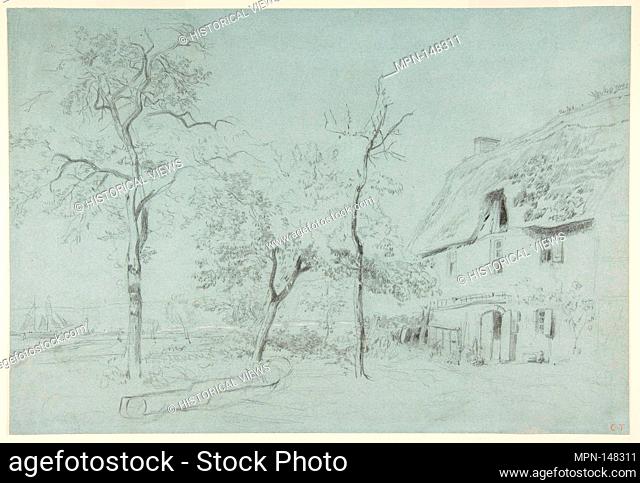 A Farmhouse with a Thatched Roof and Trees Beside a River. Artist: Constant Troyon (French, Sèvres 1810-1865 Paris); Date: 1825-65; Medium: Black chalk with...