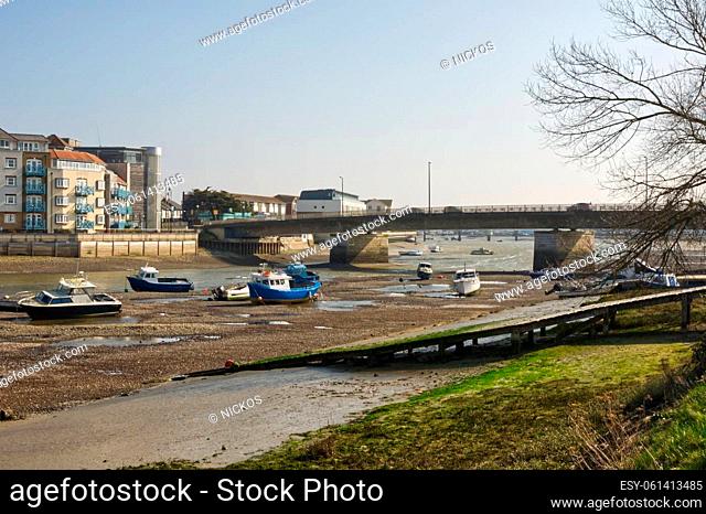 River Adur at low tide with road bridge at Shoreham in West Sussex, England