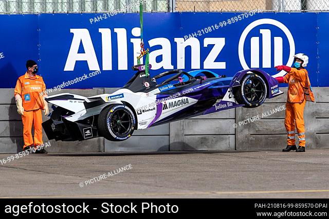 15 August 2021, Berlin: Motorsport: Formula E World Championship, ePrix 2021, race at the former Tempelhof Airport. Race car of Jake Dennis from Team BMW i...
