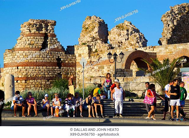 Bulgaria, Europe, Black Sea, Nessebar, Old Town, Historical Ramparts, Ruins of the Medieval Fortification Walls, Sightseers