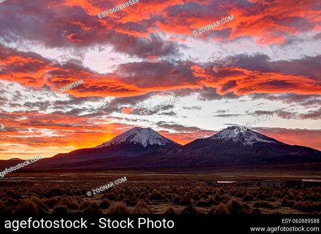 Photograph of a beautiful sunset in Sajama National Park, Bolivia