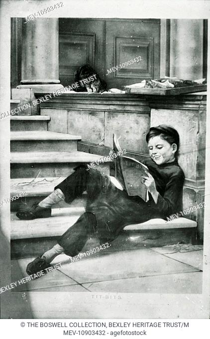 Lantern slide depicting a boy reclining on steps, reading a magazine 'Tit bits'. no.64. signed AHT Boswell. Part of Box 285 Bygones, created by AHT Boswell