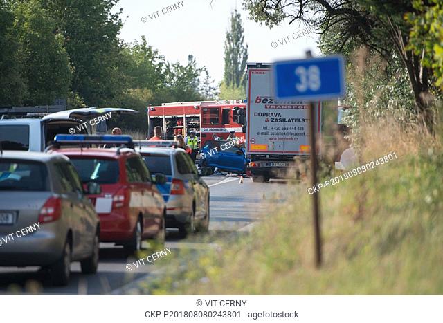 Three people died in a collision of a lorry with a car near Doksy, Czech Republic, on August 8, 2018. Two people from the car died on the spot