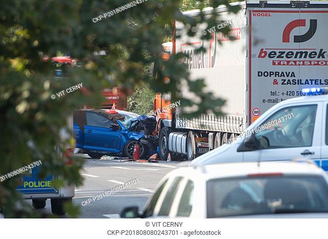 Three people died in a collision of a lorry with a car near Doksy, Czech Republic, on August 8, 2018. Two people from the car died on the spot