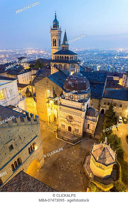 Cathedral of Bergamo with Basilica of Santa Maria Maggiore from above at dusk, Bergamo, Upper town, Lombardy, Italy