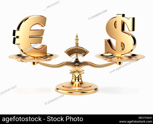 Scale with symbols of currencies euro and US dollar isolated on white background. 3d illustration