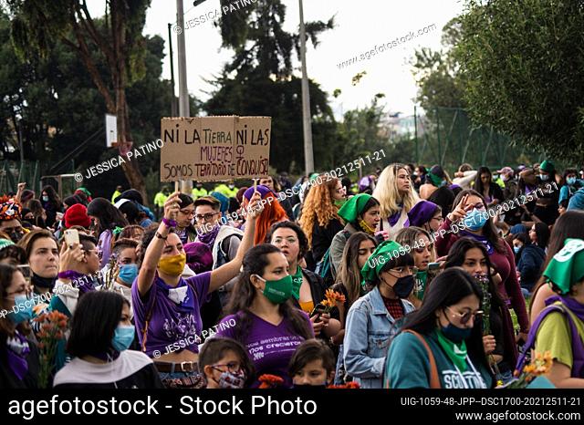 Women take part during the International Day for the Elimination of Violence against Women demonstrations in Bogota, Colombia on November 25, 2021