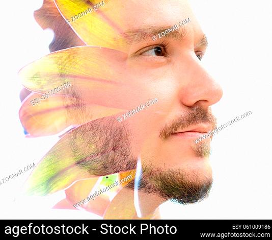 Portrait of a man combined with a photograph of exotic leaves