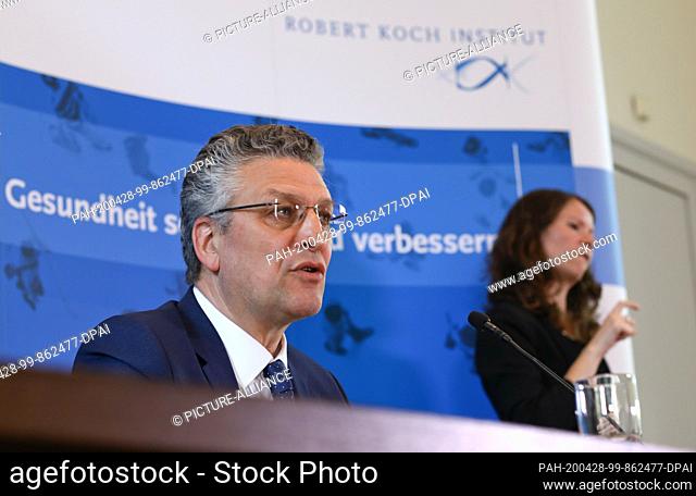 28 April 2020, Belin, Berlin: Lothar Wieler, President of the Robert Koch Institute, speaks to the media at a press conference in Berlin about the current...