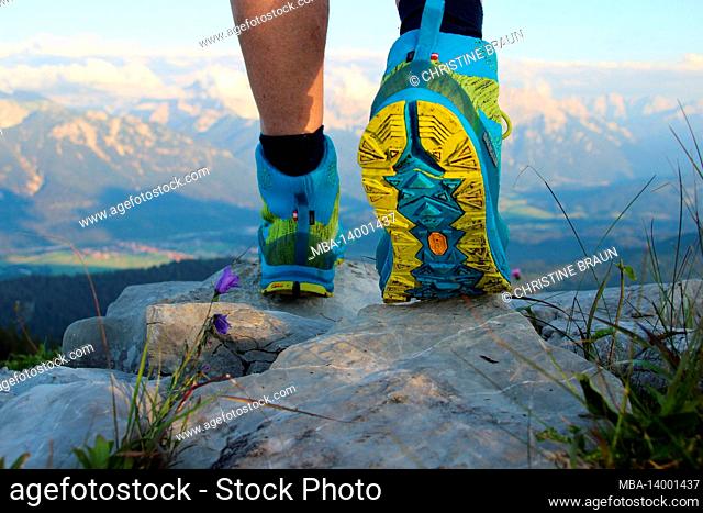 hike to klaffen 1829m, ester mountains, sunset, view of the karwendel mountains, man, feet taken from behind, mountain boots, sport, europe, germany, bavaria