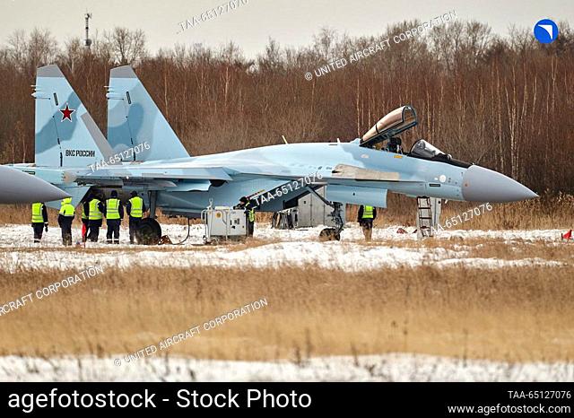 RUSSIA - NOVEMBER 24, 2023: A Sukhoi Su-35S fighter aircraft, manufactured by the United Aircraft Corporation at the Komsomolsk-on-Amur Aircraft Plant for the...