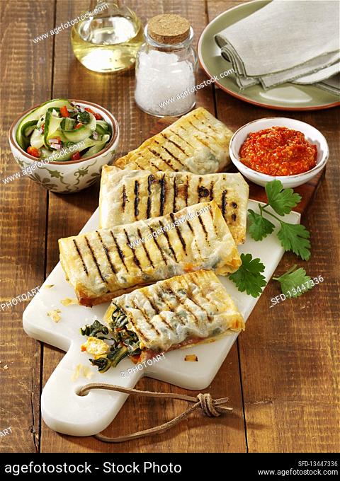 Greek strudel pastry parcels with vegetables and feta cheese