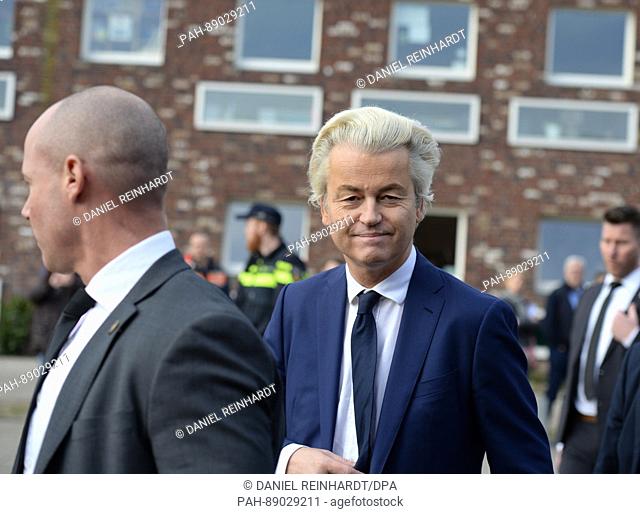 Geert Wilders, far-right icon, leaving a polling station in The Hague, Netherlands, 15 March 2017. Overshadowed by rising tension with Turkey