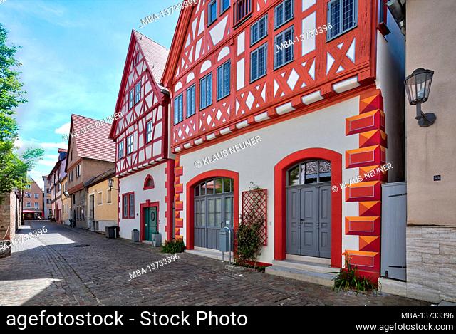 Alley, House facade, front door, floral decorations, half-timbering, Summer, Karlstadt am Main, Main-Spessart, Franconia, Bavaria, Germany, Europe