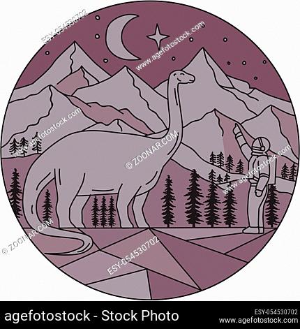 Mono line style illustration of an astronaut pointing to a brontosaurus with mountain, moon and stars in the background set inside circle