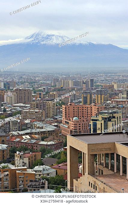 overview with the Charles Aznavour Museum in foreground and Mount Ararat in the background, Yerevan, Armenia, Eurasia
