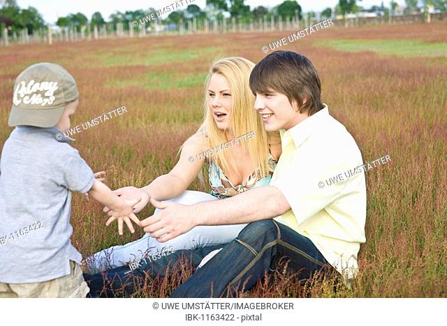 Young couple and son playing on a meadow