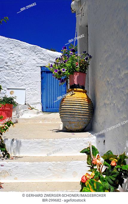 Backyard with flower pots, Fiscardo, Kefalonia, Ionian Islands, Greece