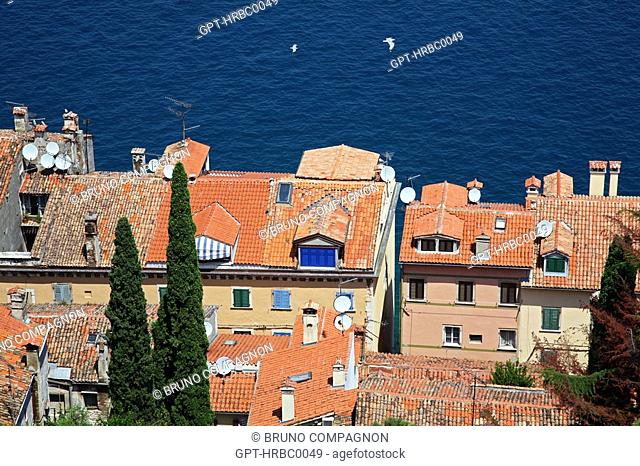 TOWN OF ROVINJ, VIEW OF THE HOUSES' ROOFS, BOAT IN THE PORT ON THE ADRIATIC SEA, ISTRIA, CROATIA