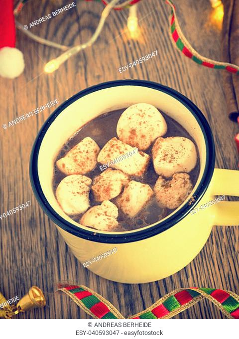Hot chocolate with marshmallows and cinnamon, Christmas drink with decoration