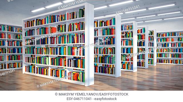 Library. Background from white bookshelves with books and textbooks. Learning and education concept. 3d illustration