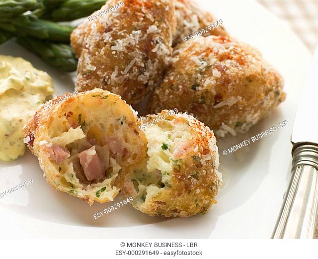 Ham and Cheese Beignets with Asparagus and Dijonnaise
