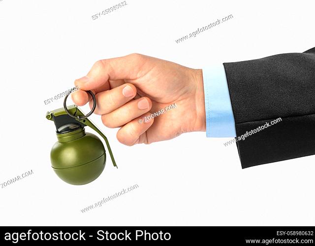 Hand with grenade isolated on white background