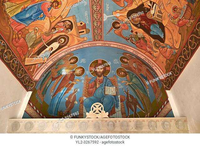 Pictures and images of frescoes inside the chapel in the historic medieval Kintsvisi Monastery Georgian Orthodox Monastery complex, Shida Kartli Region