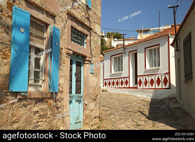 View to the traditional Ottoman-Greek houses at the town center of Cunda or so-called Alibey Island-Alibey Adasi, Ayvalik, Balikesir City, Aegean Region, Turkey