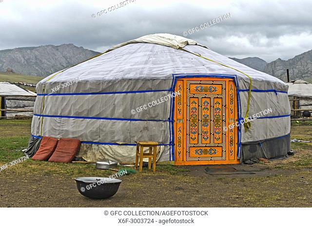Yurt with colorful door in a camp of Mongolian nomads, Gorkhi-Terelj National Park, Mongolia