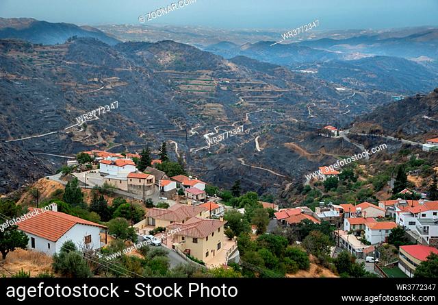 Mountain fire with burned land and disaster on agriculture at the village of Odou Cyprus. Environmental disaster