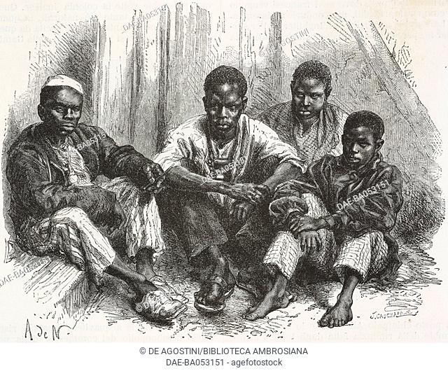 Civilized black men and boys of Goree, Senegal, drawing by Alphonse de Neuville (1835-1885) from a photograph, from Croisieres a la cote d'Afrique, 1868