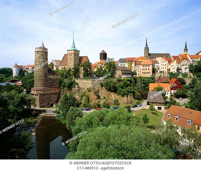 City panorama of Bautzen, Alte Wasserkunst, Michael Church, cathedral, city hall. Germany, Bautzen, Spree, Upper Lusatia, Saxony