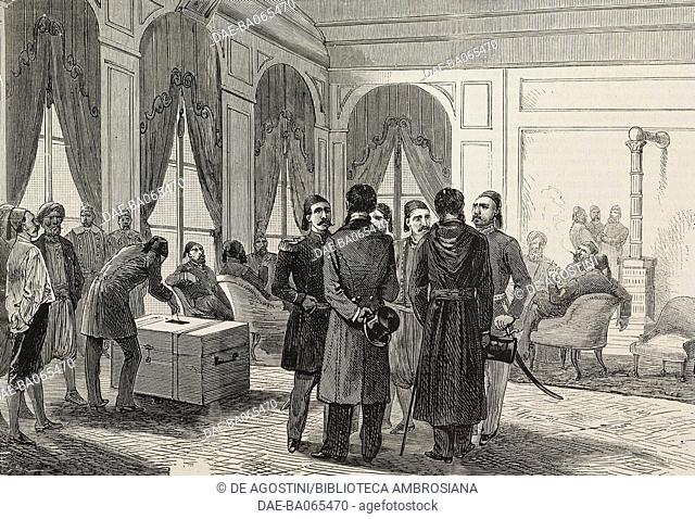 A polling station in the Pera district, Istanbul, Turkey, Turkish parliamentary elections, illustration by Baude from L'Illustration, Journal Universel, No 1776
