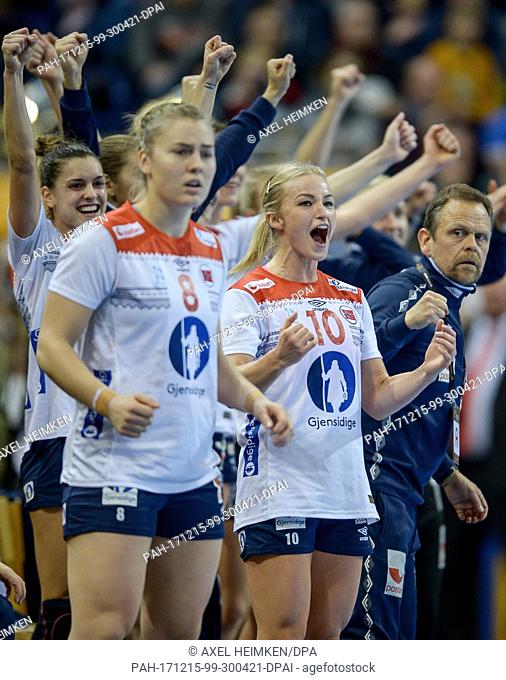 The Norwegian team (left to right: Vilde Mortensen Ingstad, Stine Bredal Oftedal) celebrating their pass to the final after the 2017 World Women's Handball...