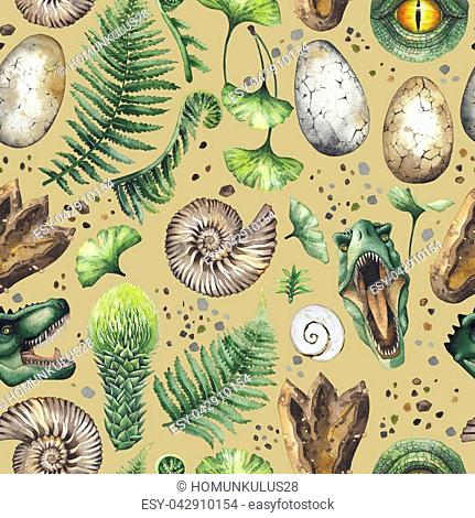 Prehistoric watercolor collection of dinosaur body parts, fossils and plants. Hand painted seamless pattern