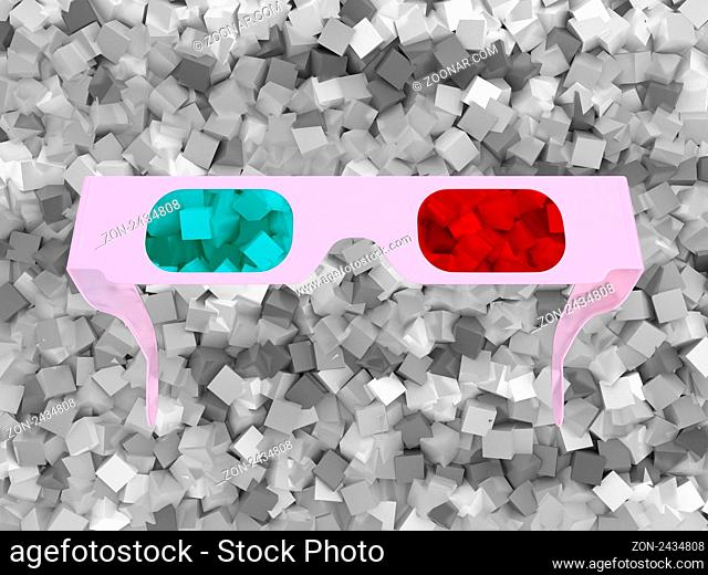 3D glasses over grey textured cubes background