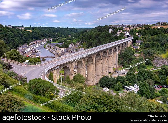 france, brittany, cotes-d'armor department, dinan, viaduct over the river rance, behind it medieval port of dinan