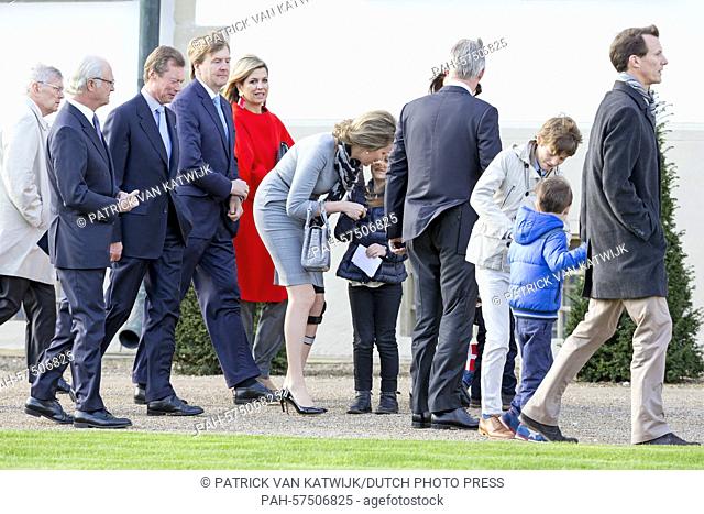 Royal guests and the grandchildren of the Queen attend the wake up call for Queen Margrethe's 75th birthday at Fredensborg, Denmark, 16 April 2015