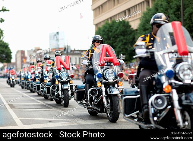 Indianapolis, Indiana, USA - May 26, 2018, The Indianapolis Metropolitan Police Motorcycle Drill Team performs at Indy 500 Parade