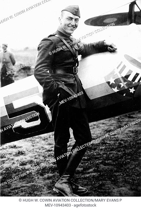 Edward Vernon Rickenbacker (1890-1973), US pilot and leading fighter ace with 26 confirmed victories, seen here with his Nieuport 28