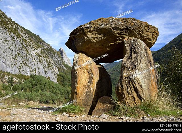 Dolmen of Santa Elena in Biescas, Tena Valley in the Pyrenees, Huesca province, Aragon in Spain
