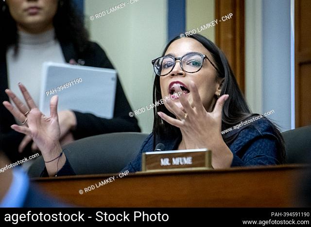 United States Representative Alexandria Ocasio-Cortez (Democrat of New York) questions the witnesses during a House Committee on Oversight and Accountability...