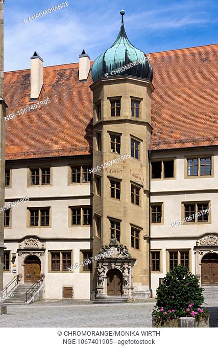 Stair tower with three sundials, old grammar school, now the community centre of St. James s Church, Rothenburg ob der Tauber, Middle Fra