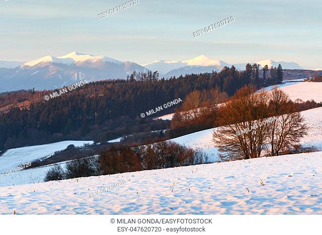 Turiec region and view of Mala Fatra mountain range in winter.