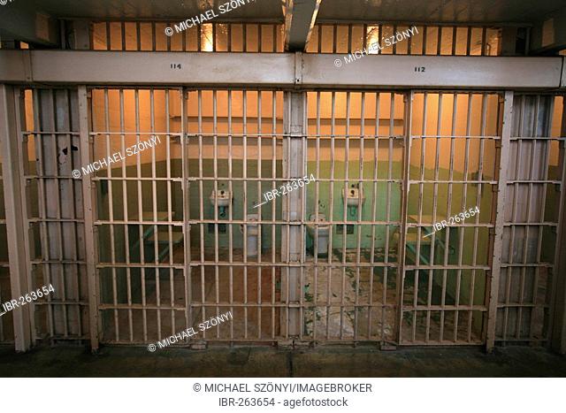 Behind Bars: Cell in the main area of the former american penitentiary on Alcatraz, San Francisco, California, USA