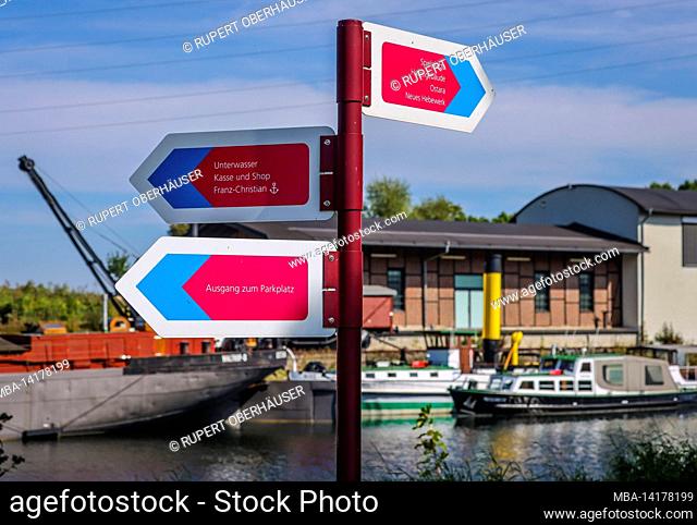 Waltrop, North Rhine-Westphalia, Germany, ship lift and lock park Waltrop. Signs on the grounds LWL Industriemuseum Schiffshebewerk Henrichenburg