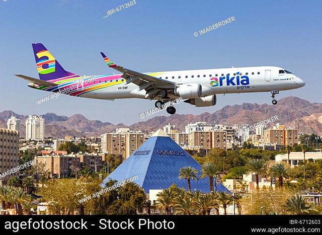 An Embraer 195 aircraft of Arkia with registration number 4X-EMF lands at Eilat Airport, Israel, Asia